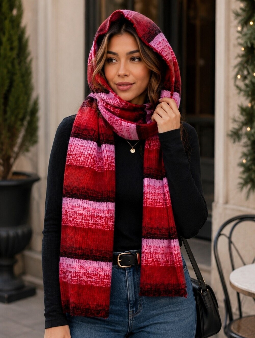 AQUA Ombre Red & Pink Striped  Knit Hooded Scarf Scoodie